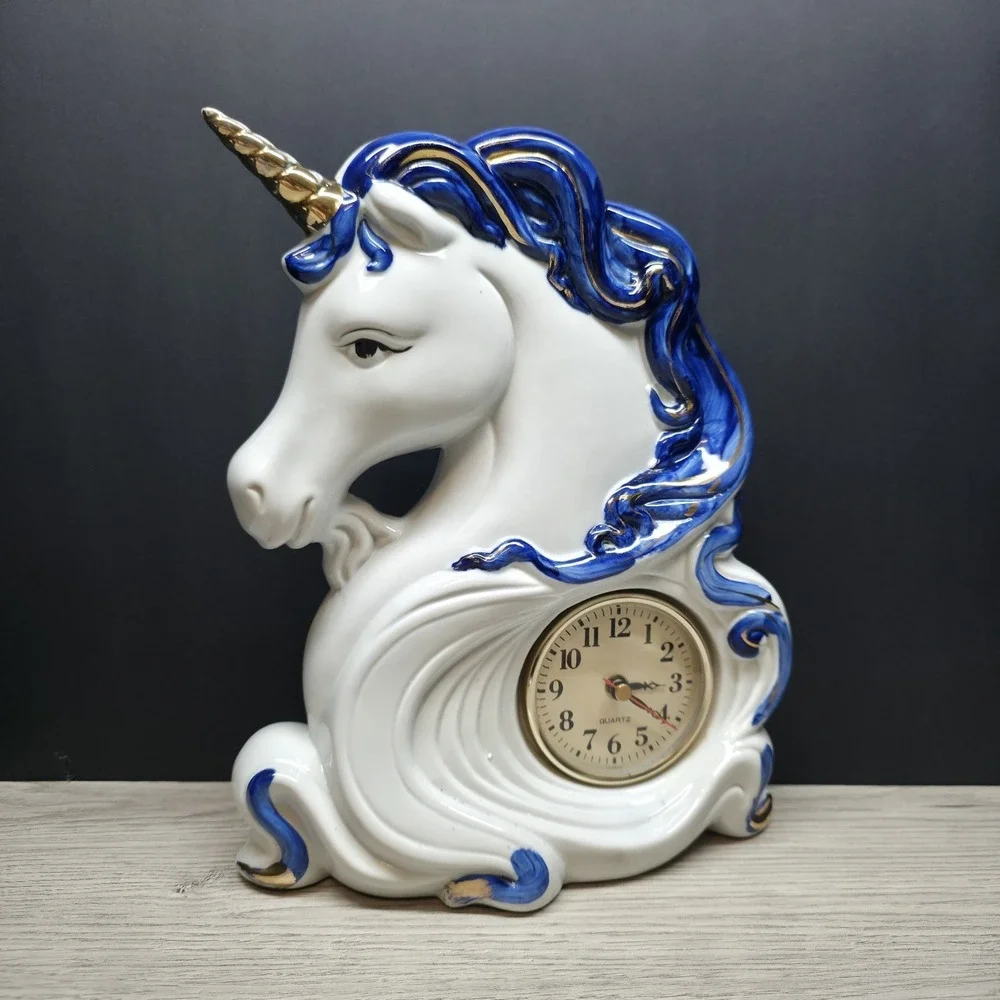 Vintage Beautiful Unicorn Table‎ Clock - Blue, White, Gold - Quartz Clock Works